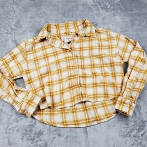 American Eagle Cropped Flannel Button Front Shirt Yellow Plaid Sz S Distressed